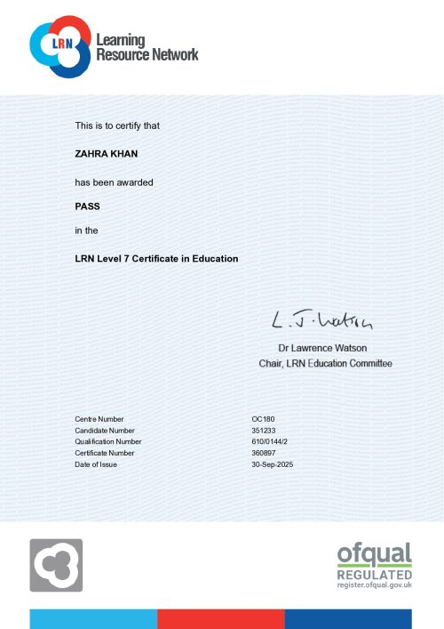 Certificate Zahra Khan